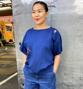 Apple Blossom Linen Navy Shirt with Hand Embroidery