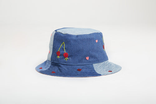 Hand Embroidered Bucket Hat - Cherries + Hearts