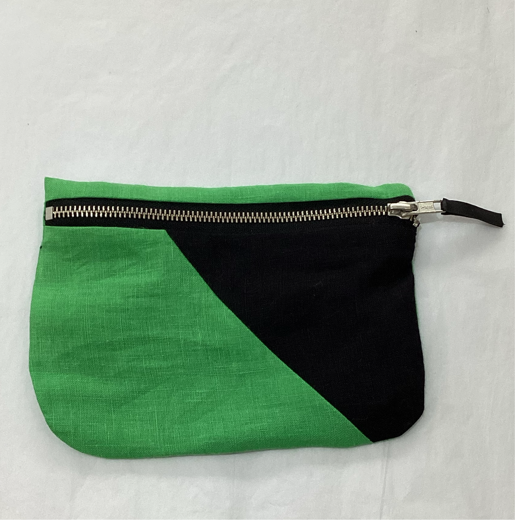 Green & black linen spliced zip pouch