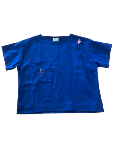 Apple Blossom Linen Navy Shirt with Hand Embroidery