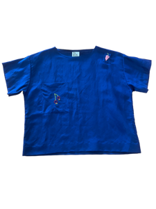 Apple Blossom Linen Navy Shirt with Hand Embroidery