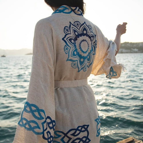 Short Linen Woolblock Print Robe